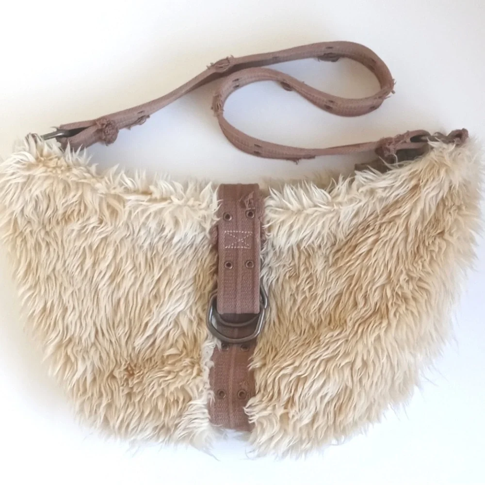 Vintage Faux Fur Burning Man Purse / Hobo Bag Thick Canvas Straps Brass Hardware